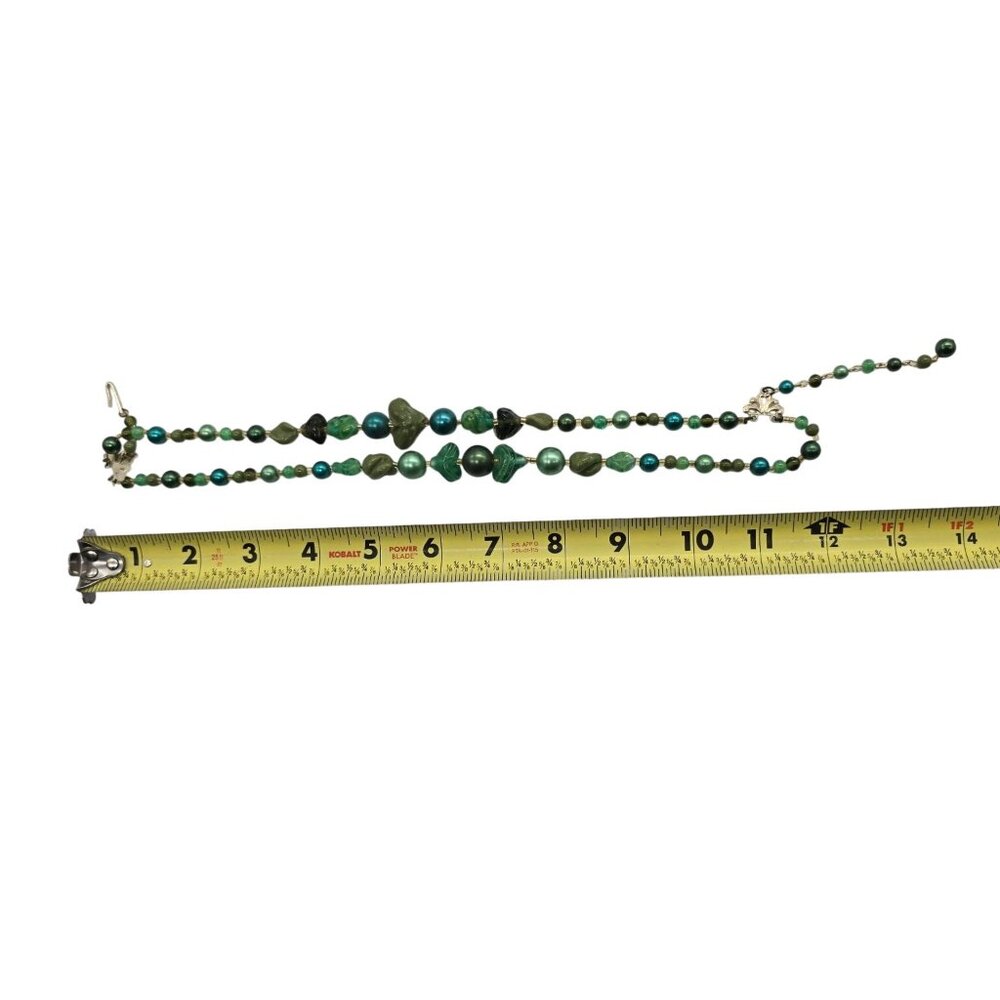 Vintage Beaded Statement Necklace Gold Tone 25" Green Glass & Pearlized Beads - Picture 5 of 5
